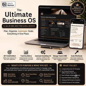May include: A digital business operating system template for Notion displayed on a laptop and smartphone. The interface features dashboards for goals, metrics, and automation. Text includes "The Ultimate Business OS," "Plan. Organize. Automate. Scale."