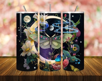 Envoltura para vaso de Polilla y Luna, diseño floral celestial por sublimación (descarga digital)