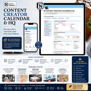 May include: A digital content creator dashboard template for Notion displayed on a tablet and smartphone. The interface features a Content Creator Calendar & HQ, brand deal trackers, revenue logs, and an ideas vault with blue and white accents.