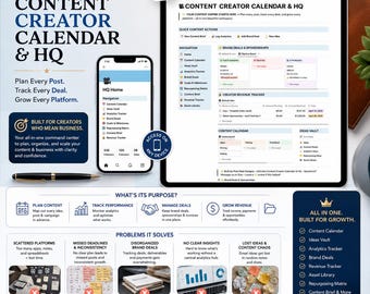Notion Content Creator Template, Content Calendar Brand Deals Tracker Analytics Dashboard Digital Planner for YouTubers Influencers Bloggers