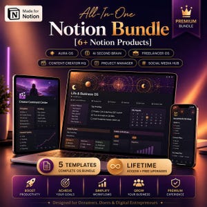 May include: A digital product bundle for Notion featuring a laptop, tablet, and smartphone displaying productivity dashboards. Text includes All-In-One Notion Bundle, 6+ Notion Products, Life & Business OS, Creator Command Center, and Social Media Strategy.