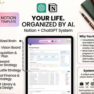 May include: An advertisement for a Notion template, organised by AI. The image shows a tablet displaying the template, with text highlighting features like goal setting and career planning. Other elements include a keyboard, notebook, and pen.