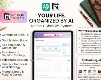 Plantilla de IA para Notion, sistema de productividad ChatGPT, panel de control Second Brain Notion Life Planner, organizador todo en uno, planificador diario, herramienta digital