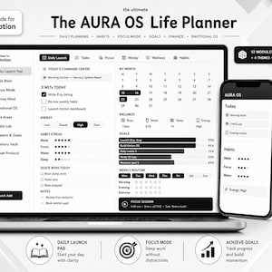 May include: A digital life planner interface titled The AURA OS Life Planner displayed on a laptop screen and two smartphones. The dashboard features modules for daily planning, habits, focus mode, goals, finance, and wellness with black and white text.