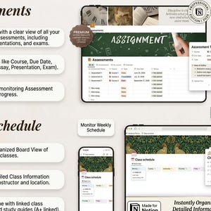 May include: Screens displaying a digital planner interface for assessments and class schedules. The interface shows assignment details, due dates, and class information. The text includes "Assessments" and "Class Schedule."