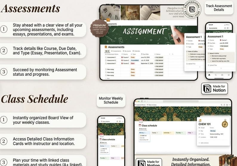 May include: Screens displaying a digital planner interface for assessments and class schedules. The interface shows assignment details, due dates, and class information. The text includes "Assessments" and "Class Schedule."
