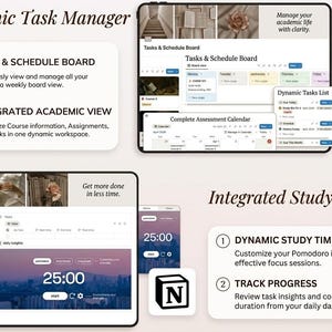 May include: Screenshots of the Notion app interface, showcasing features like a task manager, academic view, and study timer. The app displays a weekly task board, calendar, and a 25-minute timer. The Notion logo is visible.