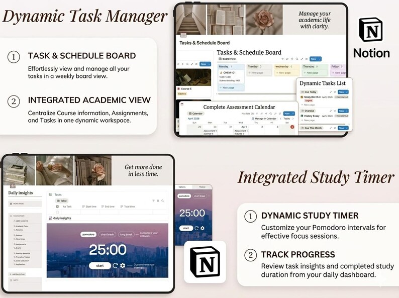 May include: Screenshots of the Notion app interface, showcasing features like a task manager, academic view, and study timer. The app displays a weekly task board, calendar, and a 25-minute timer. The Notion logo is visible.