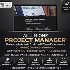 Peut inclure: Un modèle de gestion de projet numérique pour Notion affiché sur un écran d'ordinateur portable. Le graphique présente le texte ALL-IN-ONE PROJECT MANAGER, 3 Databases, 14 Views, 20+ Formulas, ainsi que des icônes pour la productivité et les objectifs.