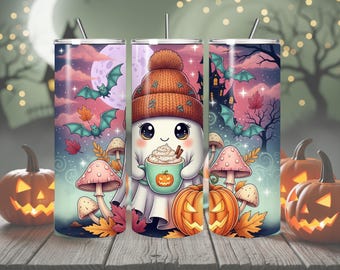 Envoltorio de vaso fantasma, latte de calabaza, diseño de temporada espeluznante (PNG)