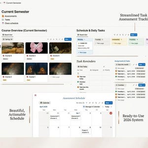 May include: A digital academic planner interface with sections for assessments, tasks, and class schedules. Features include course overviews, schedule and daily tasks, task reminders, and an assessment schedule. The interface is labeled as a ready-to-use 2026 system.