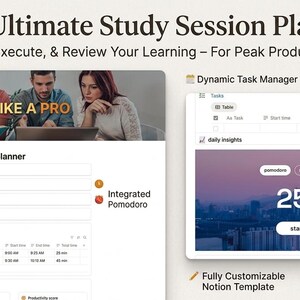 May include: The Ultimate Study Session Planner graphic with the text "Plan Like a Pro." Features include a dynamic task manager and integrated Pomodoro timer. The image shows a timer set to 25:00 with a start button. The planner is a fully customizable Notion template.