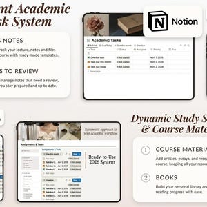 May include: A digital academic task system displayed on tablets and smartphones. The interface includes class notes, notes to review, and task management features. The image also shows the Notion logo and text: "Student Academic & Task System."