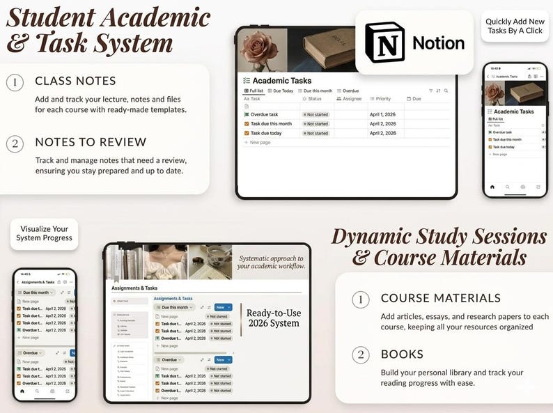 May include: A digital academic task system displayed on tablets and smartphones. The interface includes class notes, notes to review, and task management features. The image also shows the Notion logo and text: "Student Academic & Task System."