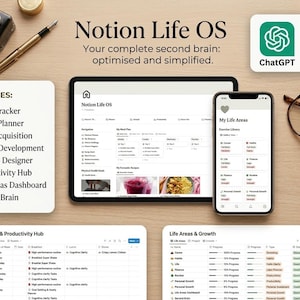 May include: A digital Notion Life OS productivity system displayed on a tablet and smartphone, featuring a goals tracker, habits planner, and life areas dashboard. The layout includes text headers, lists, and icons for organization and planning.