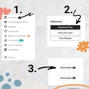 May include: A screenshot showing the steps to download files after a purchase. The image highlights the "Purchases" section, the "Download Files" button, and the final "Download" buttons. Decorative floral elements and arrows guide the user through the process.