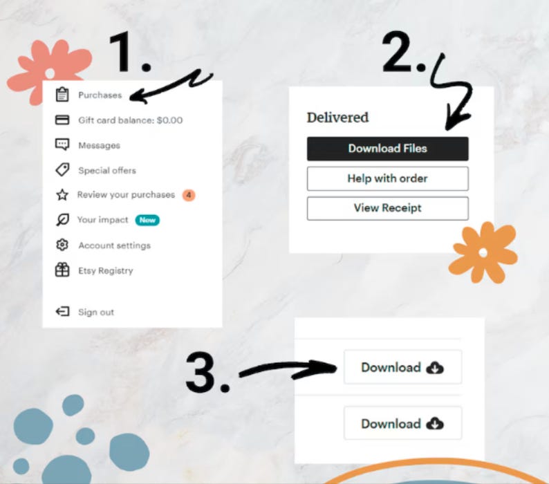 May include: A screenshot showing the steps to download files after a purchase. The image highlights the "Purchases" section, the "Download Files" button, and the final "Download" buttons. Decorative floral elements and arrows guide the user through the process.