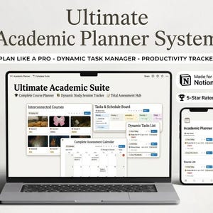 May include: A laptop and smartphone display the "Ultimate Academic Planner System." The laptop screen shows the "Ultimate Academic Suite" with course planning and task management features. The smartphone displays an academic planner app. Text includes "Plan Like a Pro" and "5-Star Rated."
