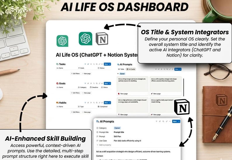 May include: A digital dashboard interface titled AI Life OS featuring sections for Tasks, Goals, Habits, and AI Prompts. The layout includes icons for ChatGPT and Notion, with text boxes explaining system integration and AI-enhanced skill building.