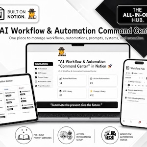 May include: A digital display showing an AI Workflow & Automation Command Center on a laptop, tablet, and smartphone. The screens feature navigation menus, workflow statistics, and task lists with the text "Automate the present, free the future."