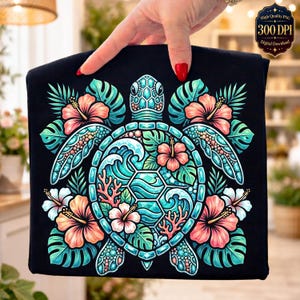 May include: Black t-shirt featuring a detailed sea turtle design. The turtle is surrounded by tropical flowers, coral, and waves in shades of teal, pink, and green. The design is set against a black background.