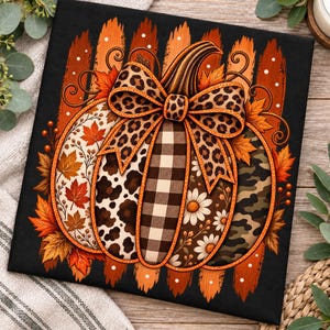 May include: A square canvas print featuring a central pumpkin illustration against a black background with orange vertical brushstrokes. The pumpkin is divided into segments with leopard print, buffalo check, daisy, and camouflage patterns.