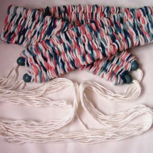 Hand Woven Tie Belt In Pink, Blue, and White Acrylic Yarn