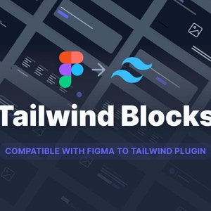 Pode incluir: Um gráfico mostrando um ícone Figma se transformando em um ícone Tailwind CSS com o texto "Tailwind Blocks" e o slogan "Compatível com Figma to Tailwind Plugin". O fundo é azul escuro com um padrão de retângulos brancos sobrepostos.