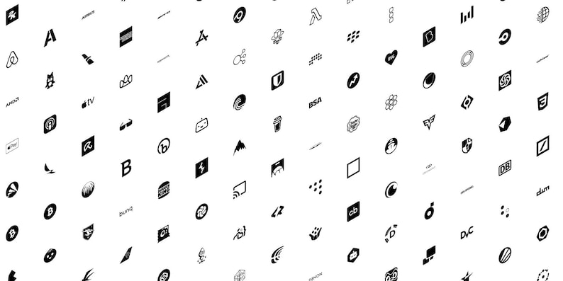 May include: A white background with a pattern of black company logos. The logos are arranged in a diagonal pattern, with some logos overlapping. The logos include popular companies such as Amazon, Apple, Google, Facebook, and Twitter.