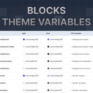 Puede incluir: Una tabla que muestra las variaciones de color para un tema de sitio web. La tabla enumera el nombre de cada color, sus variaciones claras y oscuras, y la variable CSS correspondiente.
