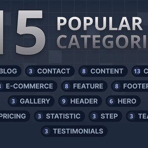 Puede incluir: Un gr&aacute;fico que muestra 15 categor&iacute;as de sitios web populares con la cantidad de veces que aparecen en un conjunto de datos. Las categor&iacute;as son: Blog (5), Contacto (3), Comercio electr&oacute;nico (3), Contenido (8), CTA (13), Caracter&iacute;stica (8), Pie de p&aacute;gina (8), Galer&iacute;a (3), Encabezado (9), H&eacute;roe (6), Precios (2), Estad&iacute;stica (3), Paso (3), Equipo (3) y Testimonios (3).