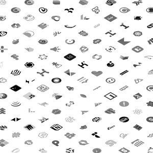 K&ouml;nnte beinhalten: Eine Ansammlung verschiedener schwarz-wei&szlig;er grafischer Icons und Logos, die in einem verstreuten Muster angeordnet sind. Die Designs umfassen geometrische Formen, Symbole und Textelemente, die f&uuml;r Webdesign oder Branding geeignet sind.