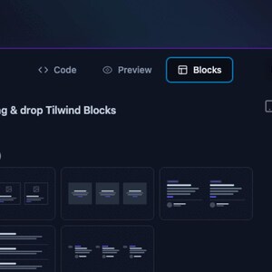 Puede incluir: Una captura de pantalla de un sitio web con un fondo oscuro y un logotipo azul claro y blanco. El sitio web se titula "+70 Drag & drop Tailwind Blocks" y tiene una secci&oacute;n titulada "BLOG (5)" con varios dise&ntilde;os de sitios web diferentes.