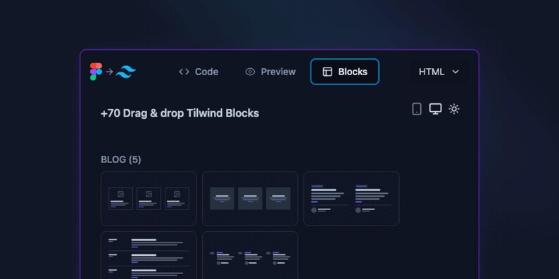 Puede incluir: Una captura de pantalla de un sitio web con un fondo oscuro y un logotipo azul claro y blanco. El sitio web se titula "+70 Drag & drop Tailwind Blocks" y tiene una secci&oacute;n titulada "BLOG (5)" con varios dise&ntilde;os de sitios web diferentes.