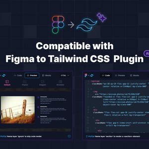 Puede incluir: Una captura de pantalla de una pantalla de computadora que muestra un plugin de Figma a Tailwind CSS. El plugin convierte los dise&ntilde;os de Figma en c&oacute;digo Tailwind CSS. El plugin tiene un editor de c&oacute;digo, una ventana de vista previa y una secci&oacute;n de bloques. El editor de c&oacute;digo muestra c&oacute;digo Tailwind CSS para un elemento de secci&oacute;n con un nombre de clase "section". La ventana de vista previa muestra un sitio web con un fondo oscuro y una imagen gris claro de una cerca y hierba. La secci&oacute;n de bloques muestra una lista de diferentes bloques que se pueden usar para crear un sitio web.