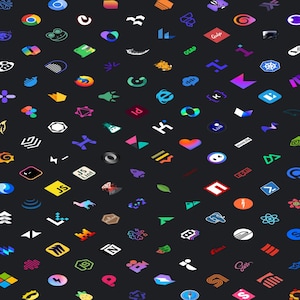 K&ouml;nnte beinhalten: Ein dunkler Hintergrund ist mit einem sich wiederholenden Muster aus farbenfrohen, geometrischen Logos bedeckt. Die Logos haben verschiedene Formen und Farben, darunter Rot, Blau, Gr&uuml;n und Gelb. Das Bild ist eine Sammlung digitaler Symbole.