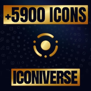 Może przedstawiać: Grafika cyfrowa z ciemnoniebieskim tłem z małymi białymi ikonami. Obraz ma trzy złote prostokątne paski z czarnym tekstem: "+5900 ICONS", złotą ikonę i "ICONIVERSE".