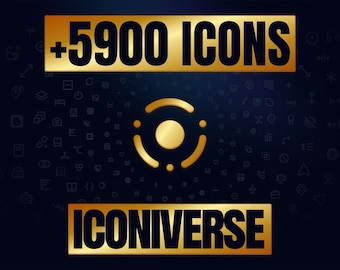 May include: A digital graphic with a dark blue background featuring small white icons. The image has three gold rectangular bars with black text: "+5900 ICONS", a gold icon, and "ICONIVERSE".