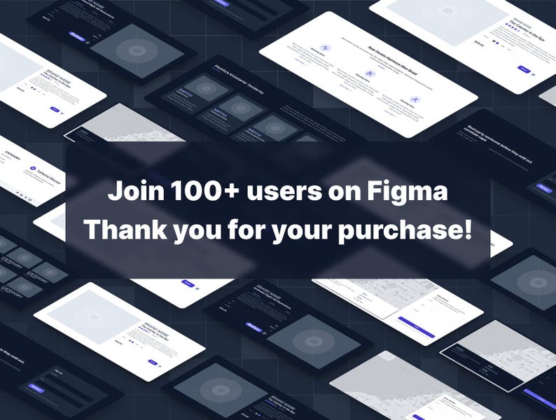 Puede incluir: Una maqueta de dise&ntilde;o de sitio web con fondo oscuro y texto blanco. El texto dice "&Uacute;nete a m&aacute;s de 100 usuarios en Figma. &iexcl;Gracias por tu compra!"