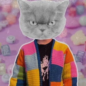 Hand Crocheted Patchwork Cardigan Harry Styles Color Block Sweater Oversized Chunky Knit Jacket Unisex