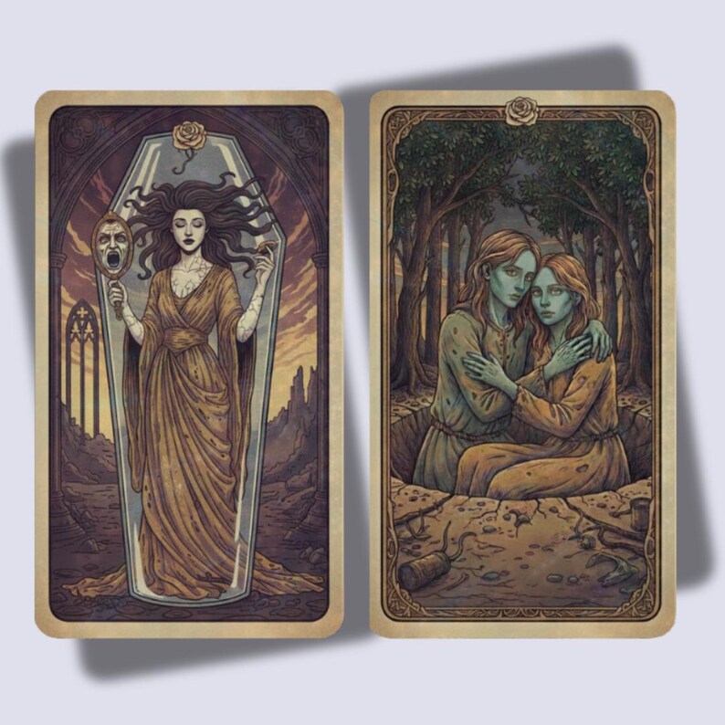 K&ouml;nnte beinhalten: Zwei Tarotkarten mit Vintage-&Auml;sthetik. Eine Karte zeigt eine Frau in einem Sarg, die eine Maske h&auml;lt. Die andere Karte zeigt zwei Frauen, die sich in einem Wald umarmen. Beide Karten haben einen beigen Rand mit einer Rose.