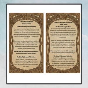 K&ouml;nnte beinhalten: Zwei Tarotkarten mit verzierten R&auml;ndern und Text. Die linke Karte tr&auml;gt den Titel "The Trauma Bond" und die rechte Karte "The Gilded Perfectionist". Jede Karte enth&auml;lt detaillierten Text, der psychologische Konzepte und Rituale beschreibt.