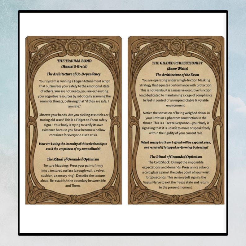 K&ouml;nnte beinhalten: Zwei Tarotkarten mit verzierten R&auml;ndern und Text. Die linke Karte tr&auml;gt den Titel "The Trauma Bond" und die rechte Karte "The Gilded Perfectionist". Jede Karte enth&auml;lt detaillierten Text, der psychologische Konzepte und Rituale beschreibt.
