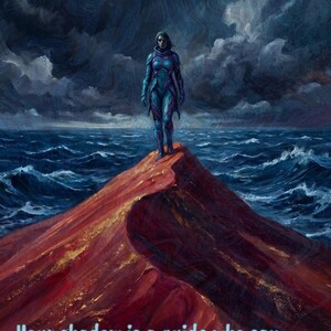 K&ouml;nnte beinhalten: Ein Gem&auml;lde zeigt eine Figur in blauer R&uuml;stung auf einer roten Felsformation, mit st&uuml;rmischer See und Himmel im Hintergrund. Der Text lautet: "Dein Schatten ist ein F&uuml;hrer, der dir den Weg zu deiner Kraft zeigen kann."