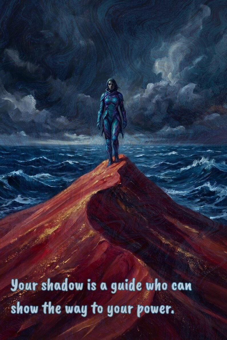 K&ouml;nnte beinhalten: Ein Gem&auml;lde zeigt eine Figur in blauer R&uuml;stung auf einer roten Felsformation, mit st&uuml;rmischer See und Himmel im Hintergrund. Der Text lautet: "Dein Schatten ist ein F&uuml;hrer, der dir den Weg zu deiner Kraft zeigen kann."