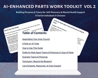 May include: A digital document titled AI-ENHANCED PARTS WORK TOOLKIT VOL 2 by Ida Ansell, LPC. It features a Table of Contents listing sections like Assembling Your Inner Council, A Note on AI Tools, and Drafts for Multi-Agent Teams & Personas.
