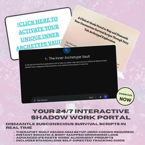 Op de afbeelding: Een digitale interface getiteld The Inner Archetype Vault met tekst over het in kaart brengen van onderbewuste overlevingsscripts, lichaamsgerichte emotionele blokkades en interne delen. Inclusief een downloadknop en een lijst met functies.