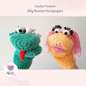 Crochet Pattern Silly Monster Handpuppet with funny hairstyles, googly eyes and lipstick