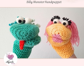 Crochet Pattern Silly Monster Handpuppet with funny hairstyles, googly eyes and lipstick