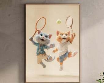 Gattini tennisti, poster da parete stampabile, poster di gatti stravaganti, decorazioni giocose per la cameretta dei bambini